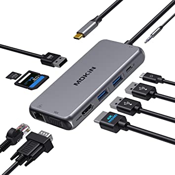 ADAPTADOR MULTIPUERTO MOKIN USB C, USB-C DONGLE 10 EN 1 DOCK MAC ACCESORIOS PARA MACBOOK PRO/AIR, DELL, SURFACE GO, HP - HDMI 4K, VGA, ETHERNET, 3 USB