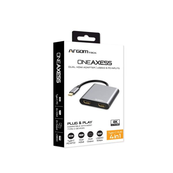 HUB ARGOM 4 IN 1 TYPE-C ONE AXESS 2XHDMI/4KTYPE-C/USB PD ARG-UB-0182